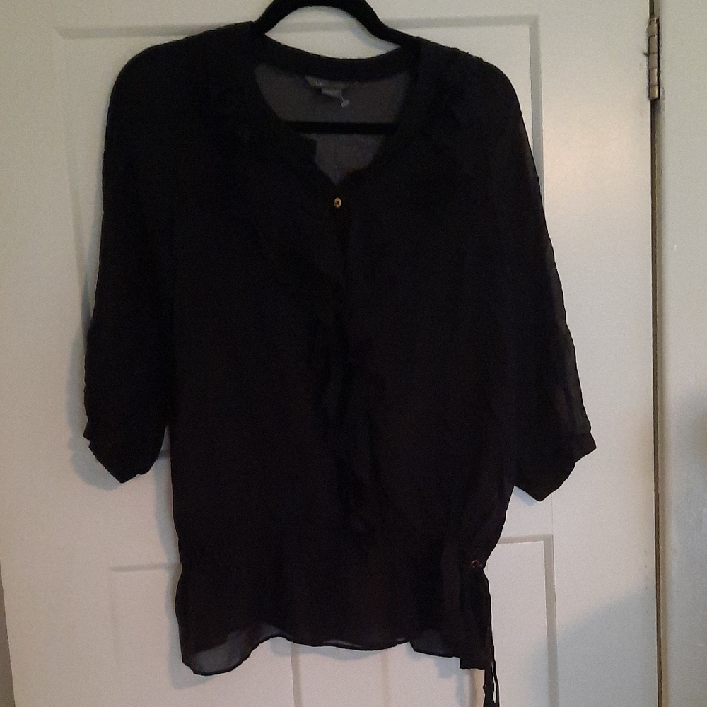 Armani Exchange Black Ruffled 3/4 Sleeve Blouse with Mandarin Collar